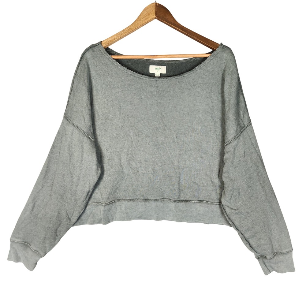 Aerie Sweatshirt Small Green Cropped Oversized Raw Neck Pullover